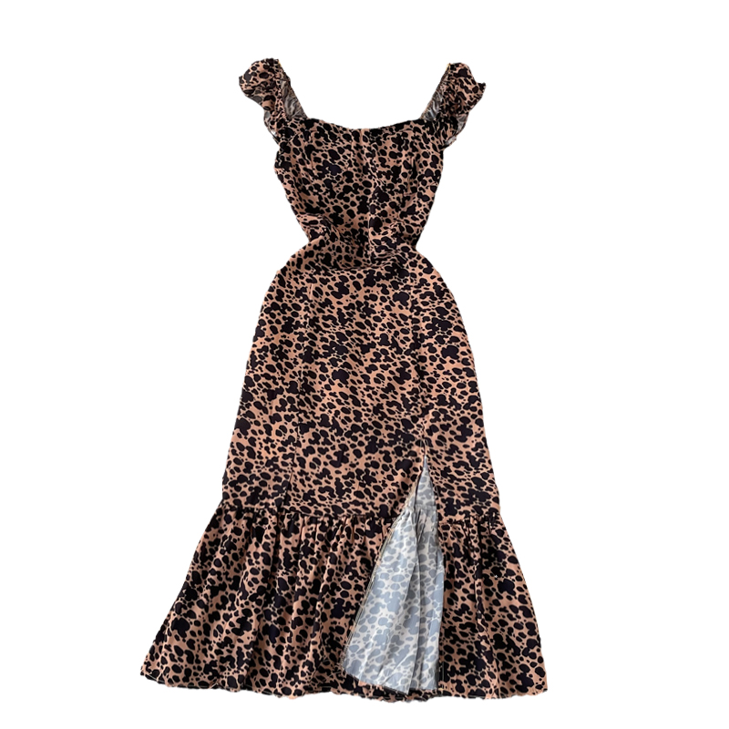 Leopard Print Dress Sleeveless Summer New Square Collar Backless Waist Trimming Slimming Slit French Halter Skirt - Image 6