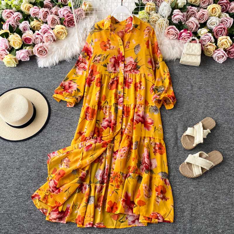 Bohemia resort island beach dress loose big wind French printing chiffon dress code is prevented bask in clothes