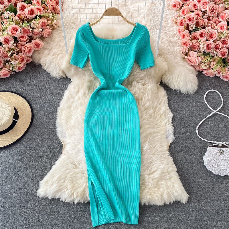 Summer New Korean Style Retro Square Collar Tight Waist Slim Backless Mid-Length Knitted Sheath Dress Short Sleeve - Image 3