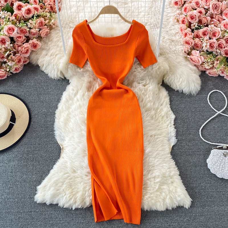 Summer New Korean Style Retro Square Collar Tight Waist Slim Backless Mid-Length Knitted Sheath Dress Short Sleeve - Image 4