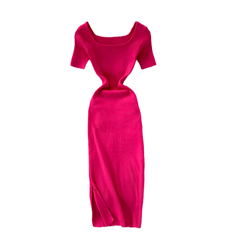 Summer New Korean Style Retro Square Collar Tight Waist Slim Backless Mid-Length Knitted Sheath Dress Short Sleeve - Image 6