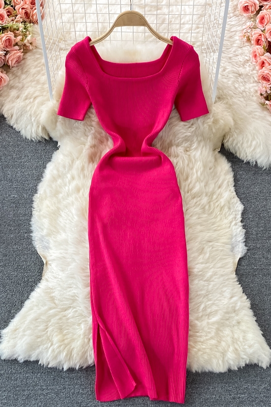 Summer New Korean Style Retro Square Collar Tight Waist Slim Backless Mid-Length Knitted Sheath Dress Short Sleeve - Image 7