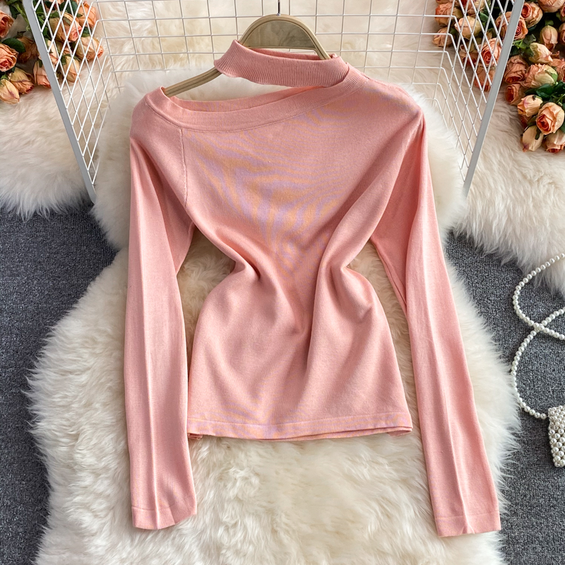 autumn and winter Korean style hanging neck unilateral off-shoulder short long-sleeved tight stretch bottoming sweater - Image 3