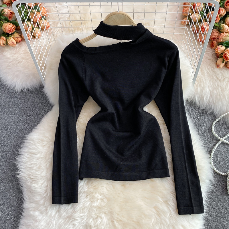autumn and winter Korean style hanging neck unilateral off-shoulder short long-sleeved tight stretch bottoming sweater - Image 4