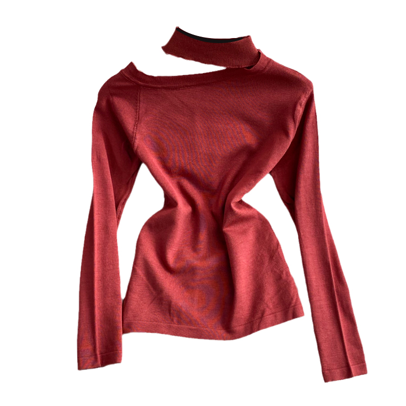 autumn and winter Korean style hanging neck unilateral off-shoulder short long-sleeved tight stretch bottoming sweater - Image 6