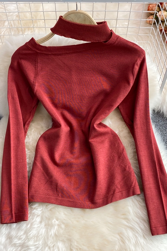 autumn and winter Korean style hanging neck unilateral off-shoulder short long-sleeved tight stretch bottoming sweater - Image 7