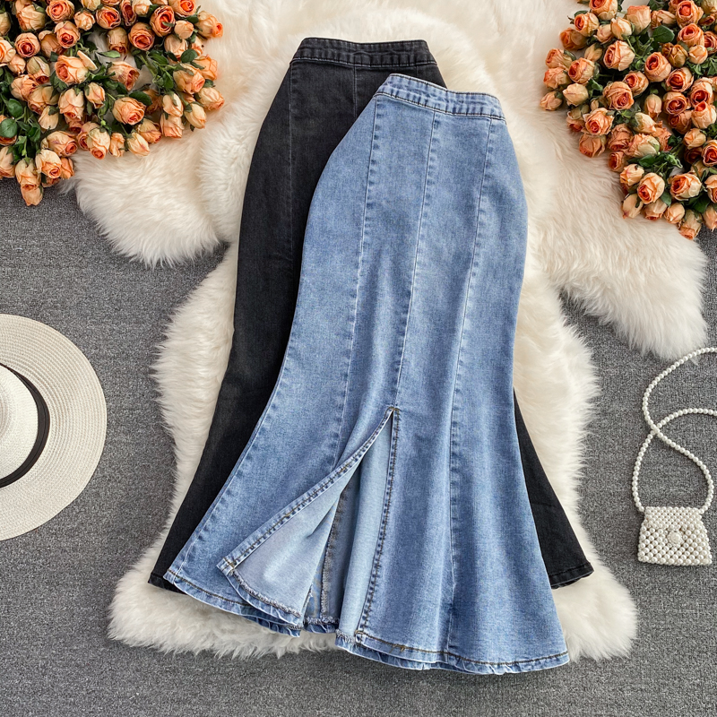 Denim High Waist Slit Skirt Women's A- line Skirt Ruffled Mid-Length below the Knee Slim Fit Slimming Fishtail Hip Skirt