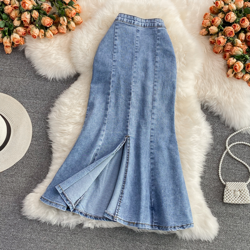 Denim High Waist Slit Skirt Women's A- line Skirt Ruffled Mid-Length below the Knee Slim Fit Slimming Fishtail Hip Skirt - Image 4