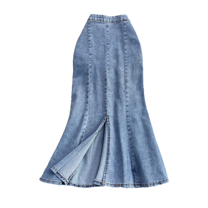 Denim High Waist Slit Skirt Women's A- line Skirt Ruffled Mid-Length below the Knee Slim Fit Slimming Fishtail Hip Skirt - Image 6