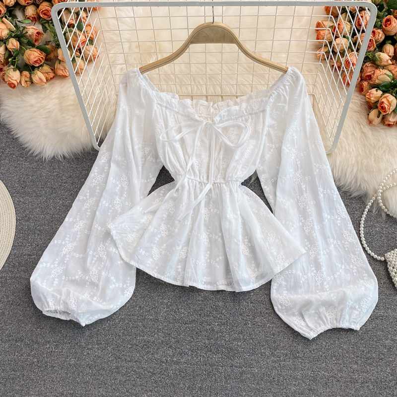 Korean Dongdaemun Square Collar Long Sleeve Topautumn Retro Sweet Slimming Embroidered Puff Sleeve Shirt Women - Image 2