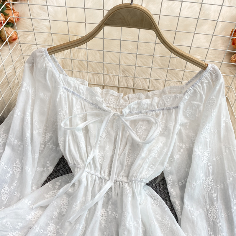 Korean Dongdaemun Square Collar Long Sleeve Topautumn Retro Sweet Slimming Embroidered Puff Sleeve Shirt Women - Image 3