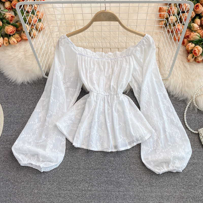 Korean Dongdaemun Square Collar Long Sleeve Topautumn Retro Sweet Slimming Embroidered Puff Sleeve Shirt Women - Image 5