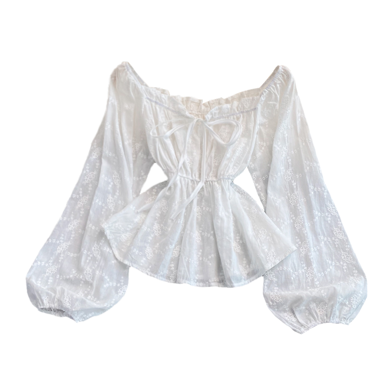 Korean Dongdaemun Square Collar Long Sleeve Topautumn Retro Sweet Slimming Embroidered Puff Sleeve Shirt Women - Image 6