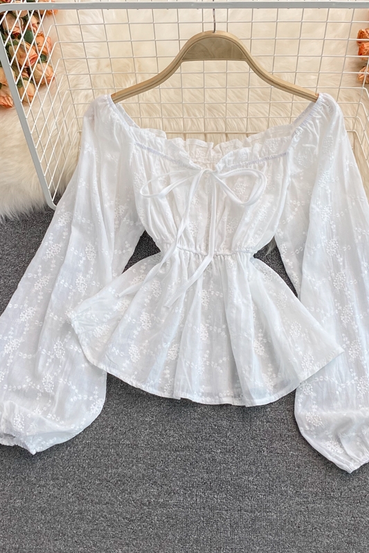 Korean Dongdaemun Square Collar Long Sleeve Topautumn Retro Sweet Slimming Embroidered Puff Sleeve Shirt Women - Image 7