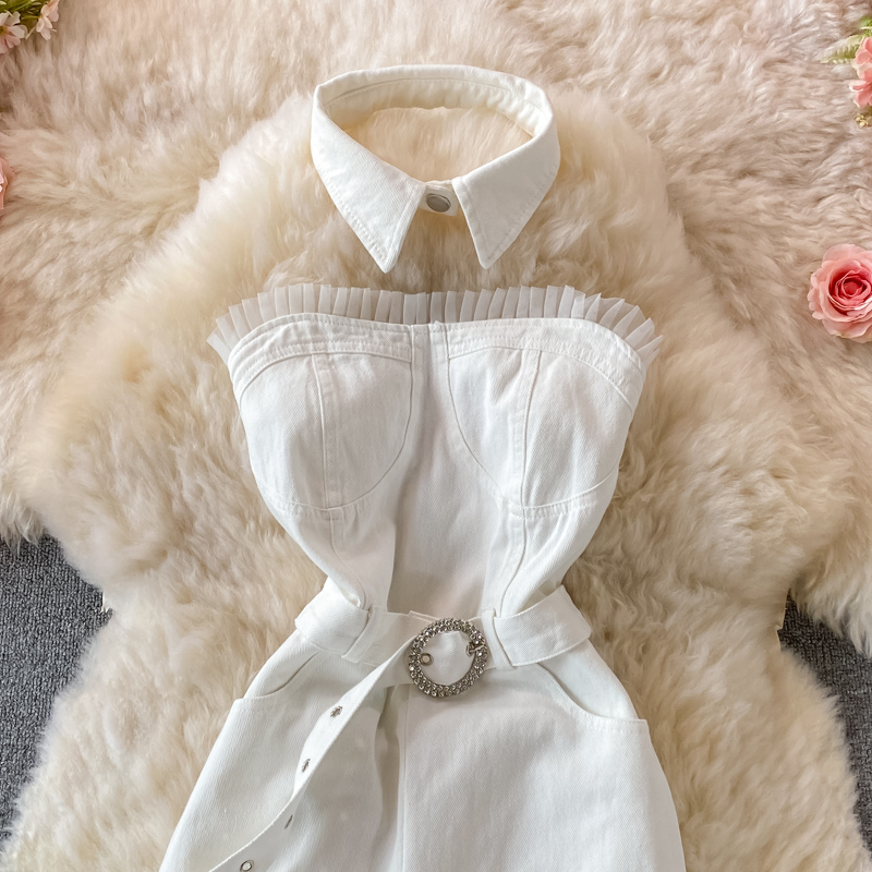 Off-the-Shoulder Tube Top Denim Jumpsuit Women's Summer High Waist Slimming Draping Temperament Jumpsuit - Image 3