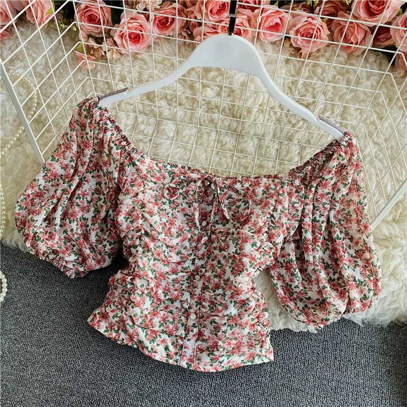 Women's Floral Chiffon Shirt Summer Fashionable Square Collar Puff Sleeve Pleated Slim-Fit Short Exposed Navel Heather Top