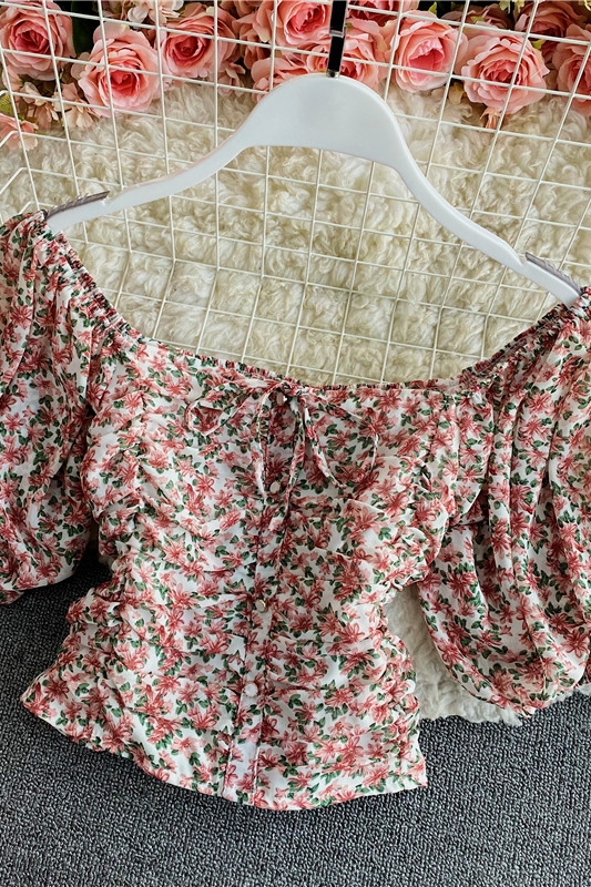 Women's Floral Chiffon Shirt Summer Fashionable Square Collar Puff Sleeve Pleated Slim-Fit Short Exposed Navel Heather Top - Image 7