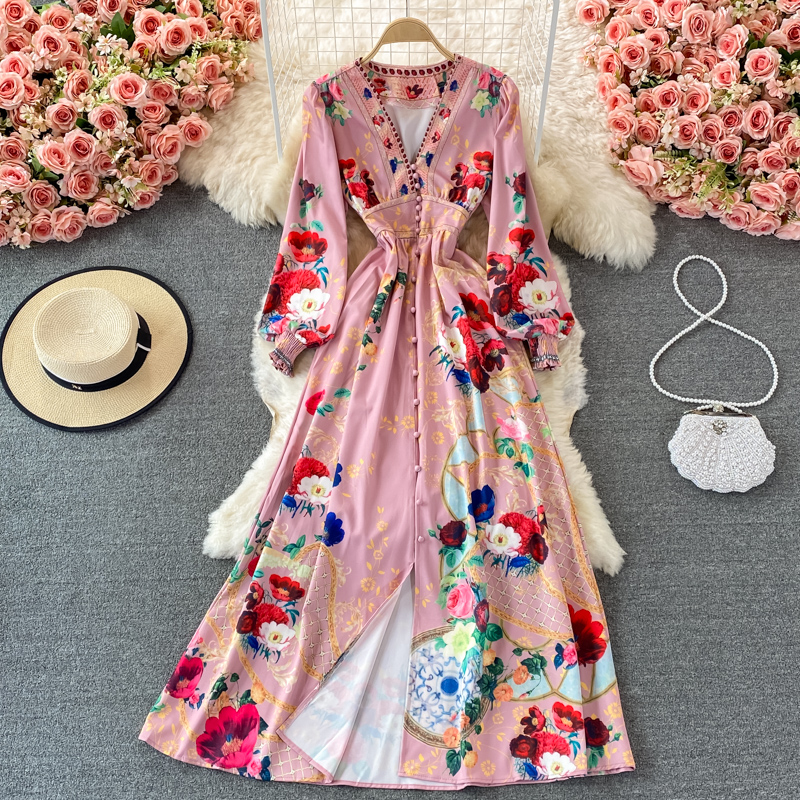 Spring and Autumn Retro European American Style V-neck Long Sleeve Waist Slimming Dress Elegant Graceful Swing Long Dress