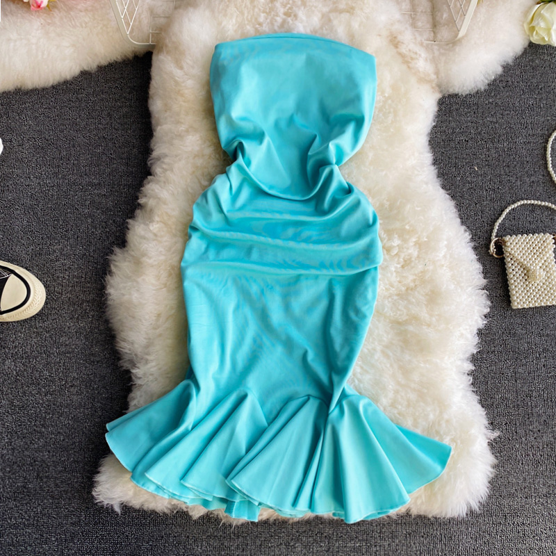 A word shoulder strapless dress with temperament accept waist show thin fishtail skirt fashion dress skirt - Image 2