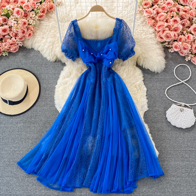 Gentle Large Swing Dress Summer Chic Fairy Sweet Cutout Lace Stitching Square Collar Chiffon Dress Short Sleeve - Image 2