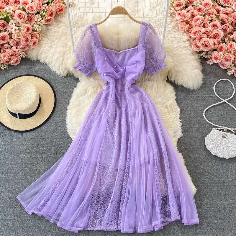 Gentle Large Swing Dress Summer Chic Fairy Sweet Cutout Lace Stitching Square Collar Chiffon Dress Short Sleeve - Image 3