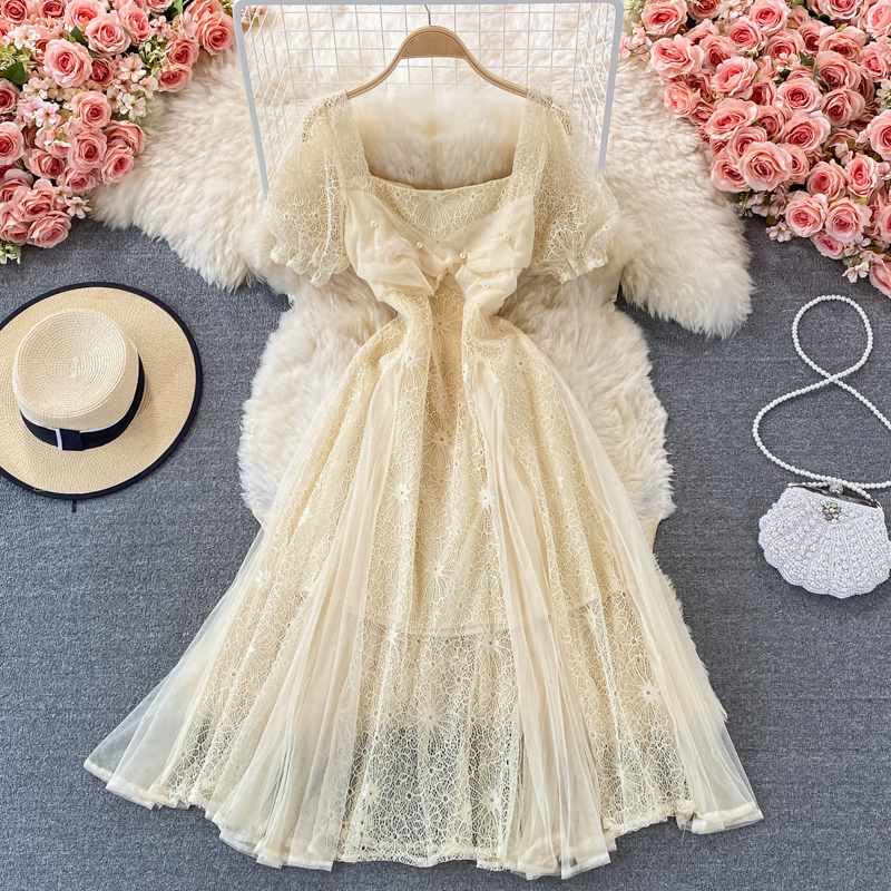 Gentle Large Swing Dress Summer Chic Fairy Sweet Cutout Lace Stitching Square Collar Chiffon Dress Short Sleeve - Image 4