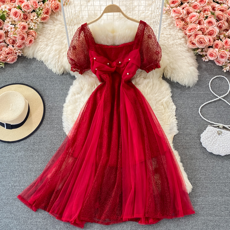 Gentle Large Swing Dress Summer Chic Fairy Sweet Cutout Lace Stitching Square Collar Chiffon Dress Short Sleeve - Image 5