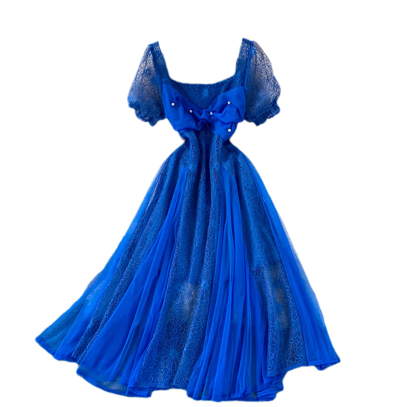 Gentle Large Swing Dress Summer Chic Fairy Sweet Cutout Lace Stitching Square Collar Chiffon Dress Short Sleeve - Image 6