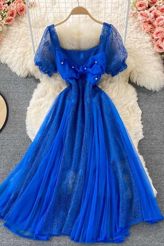 Gentle Large Swing Dress Summer Chic Fairy Sweet Cutout Lace Stitching Square Collar Chiffon Dress Short Sleeve - Image 7