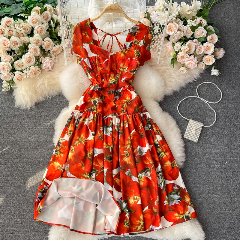 summer new French style retro waist slimming square collar printed dress short sleeve elegant temperament mid-length skirt - Image 2