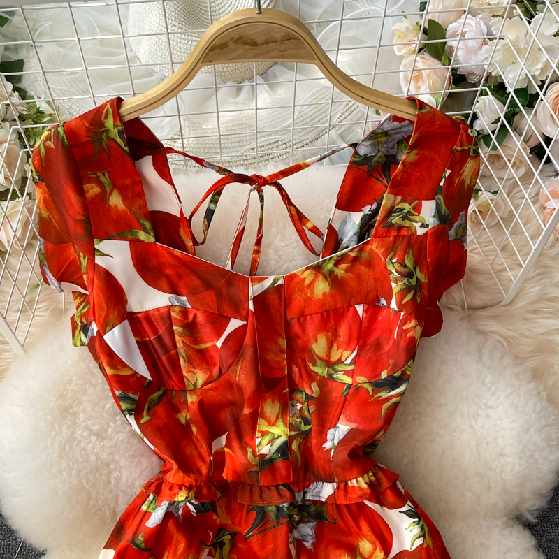 summer new French style retro waist slimming square collar printed dress short sleeve elegant temperament mid-length skirt - Image 3