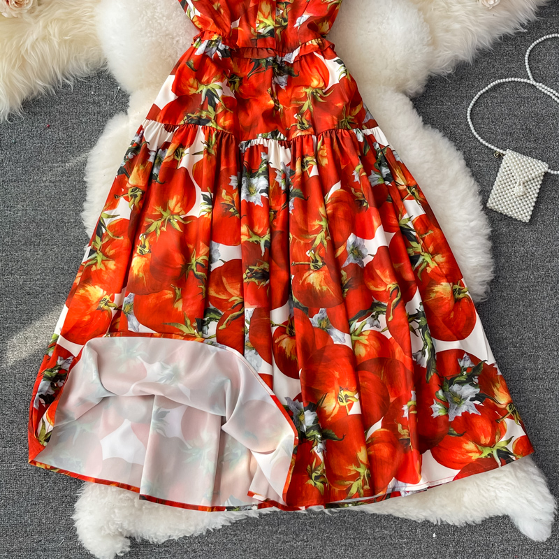 summer new French style retro waist slimming square collar printed dress short sleeve elegant temperament mid-length skirt - Image 4