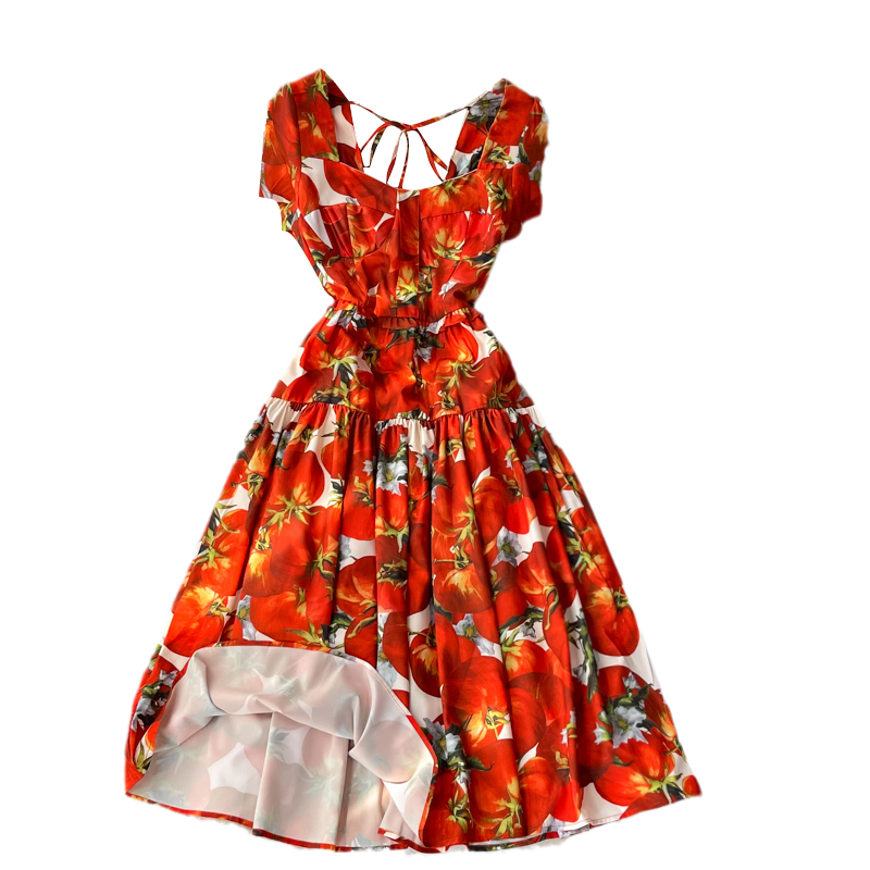 summer new French style retro waist slimming square collar printed dress short sleeve elegant temperament mid-length skirt - Image 6