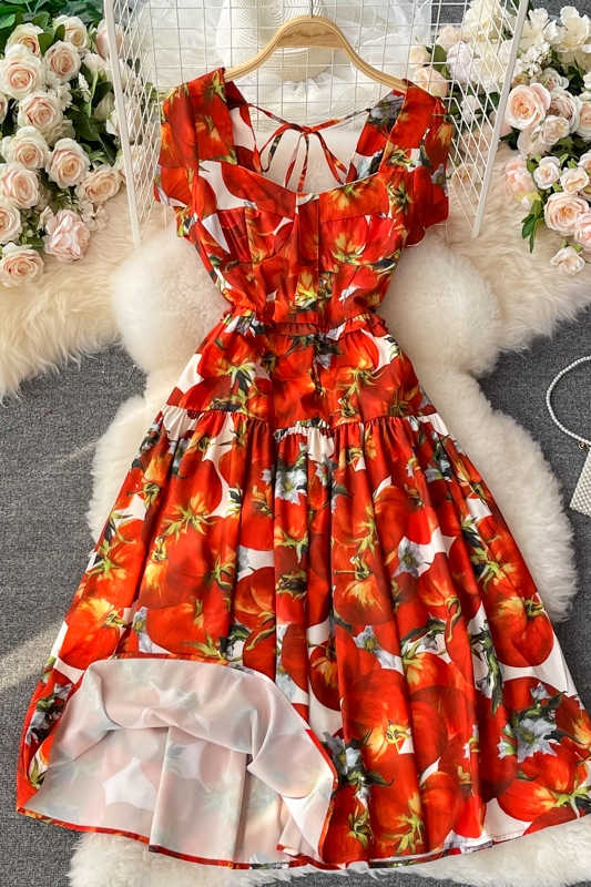 summer new French style retro waist slimming square collar printed dress short sleeve elegant temperament mid-length skirt - Image 7