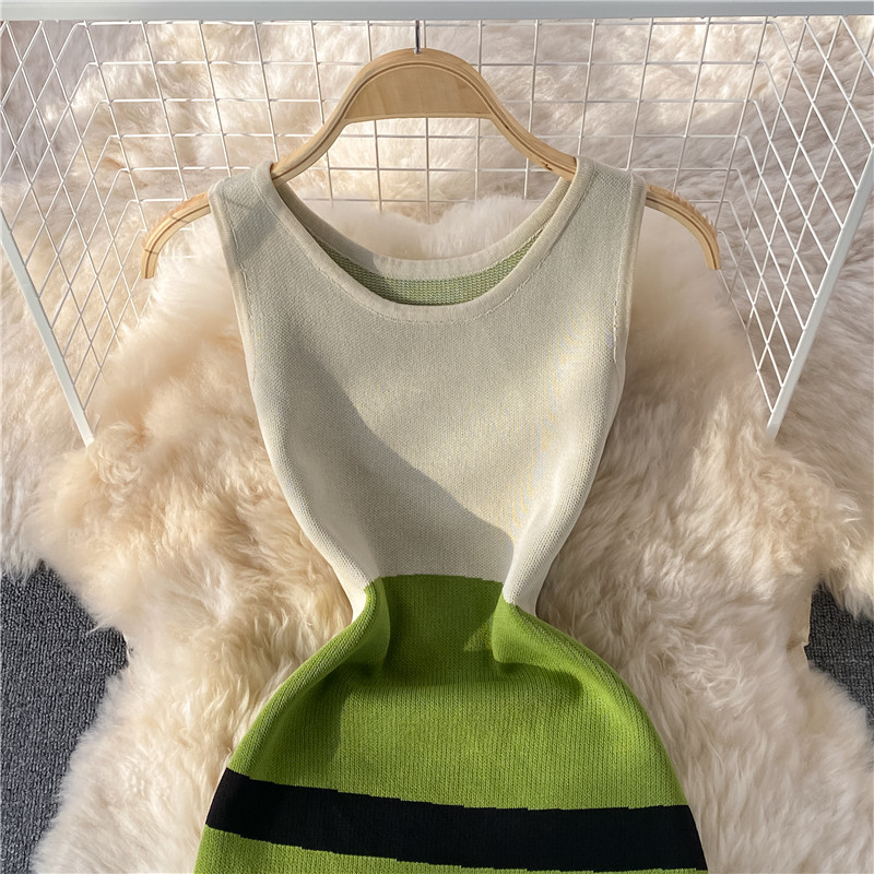 summer New Striped round Neck Waist Trimming Slimming Sweet Elegance Knitted Sheath Split Dress Sleeveless - Image 4