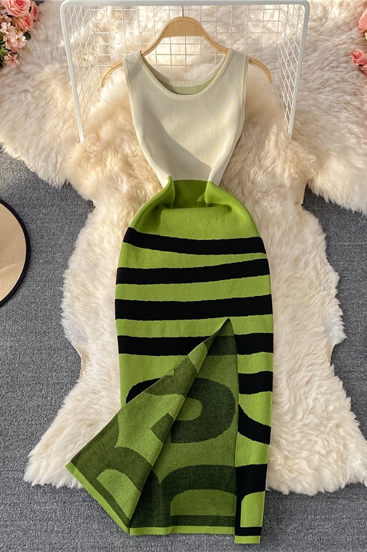 summer New Striped round Neck Waist Trimming Slimming Sweet Elegance Knitted Sheath Split Dress Sleeveless - Image 7