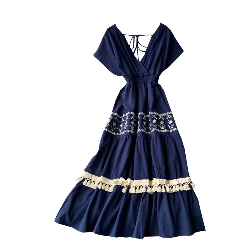 Bohemia beach dress embroidery temperament v-neck backless dress posed long skirt waist tassel national wind - Image 6