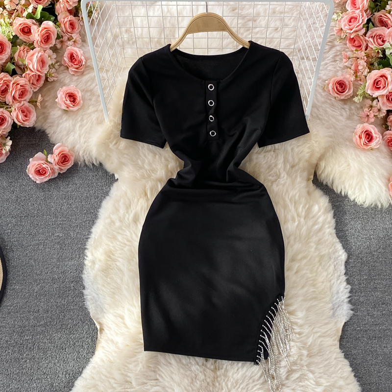 summer New round Neck Slim-Fit Stretch High Waist Short Sleeve Dress for Women Sexy Tassel Skinny Hip Skirt - Image 2
