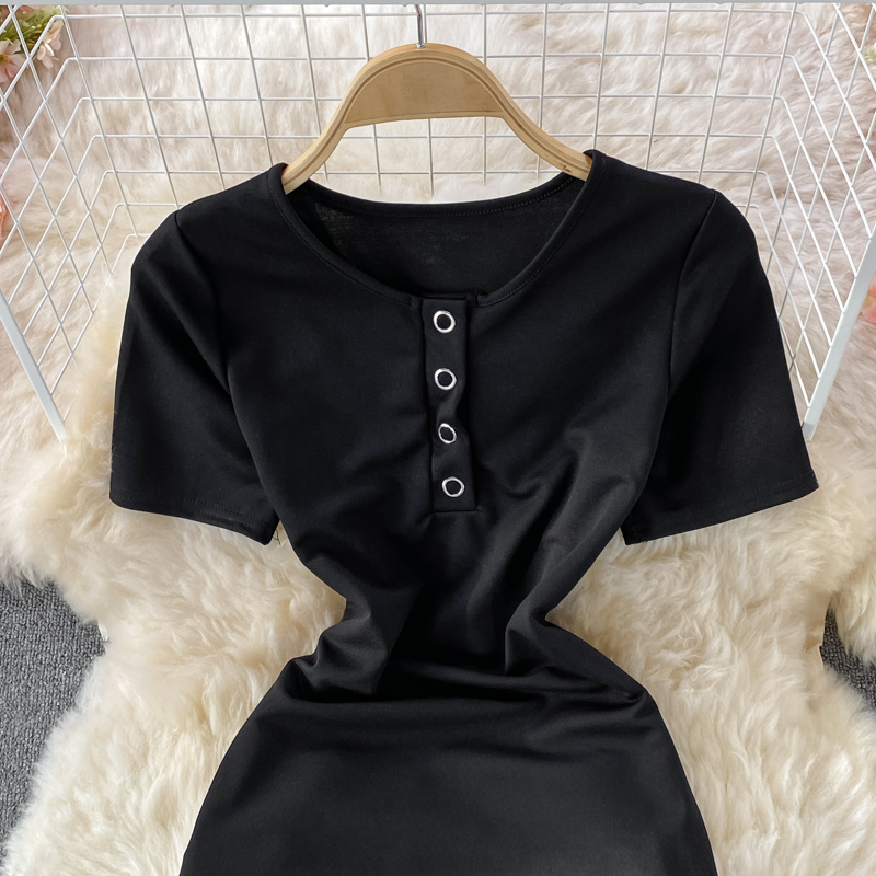 summer New round Neck Slim-Fit Stretch High Waist Short Sleeve Dress for Women Sexy Tassel Skinny Hip Skirt - Image 3