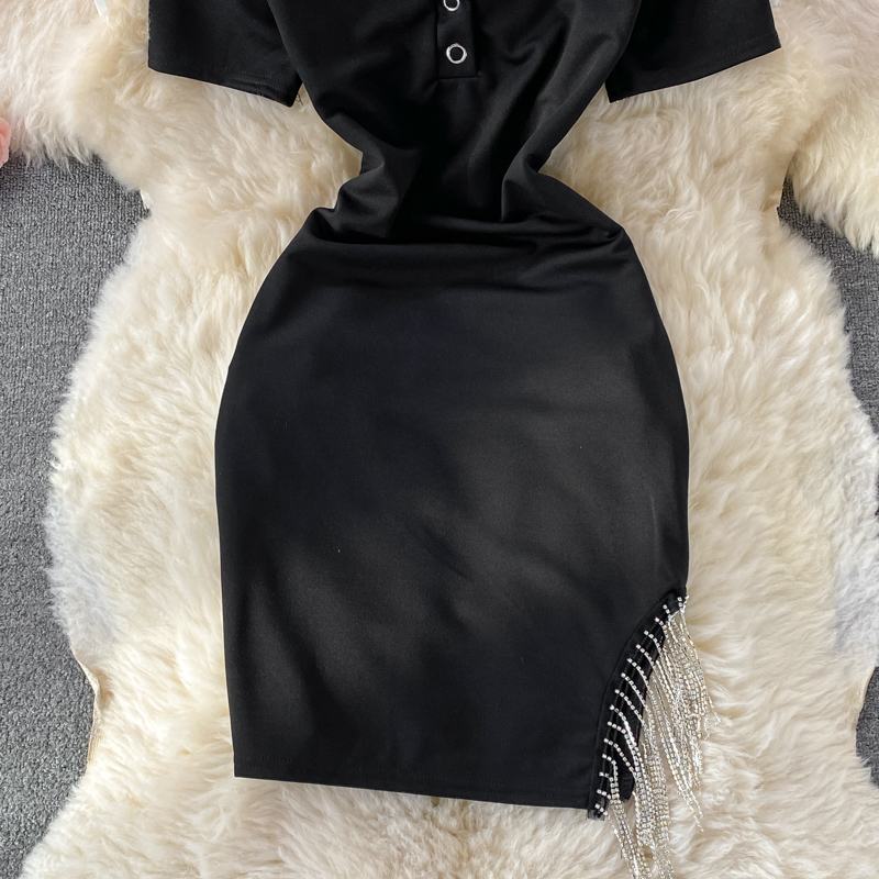 summer New round Neck Slim-Fit Stretch High Waist Short Sleeve Dress for Women Sexy Tassel Skinny Hip Skirt - Image 4