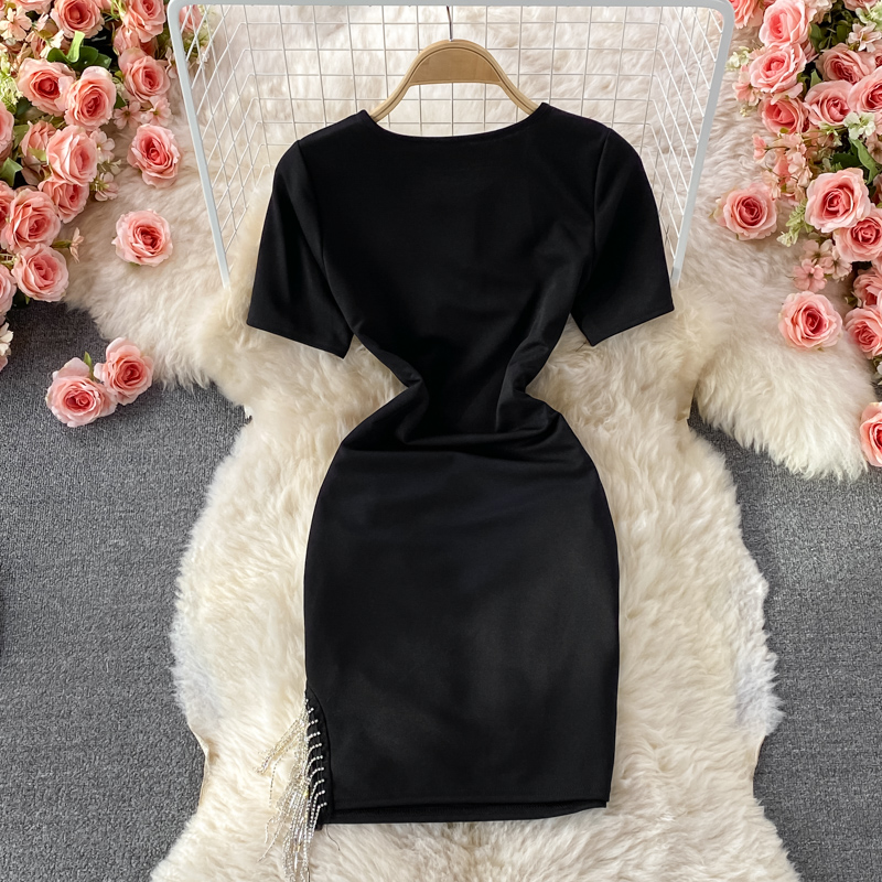 summer New round Neck Slim-Fit Stretch High Waist Short Sleeve Dress for Women Sexy Tassel Skinny Hip Skirt - Image 5