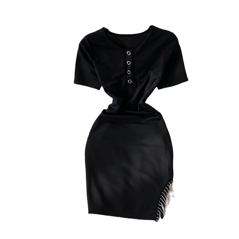 summer New round Neck Slim-Fit Stretch High Waist Short Sleeve Dress for Women Sexy Tassel Skinny Hip Skirt - Image 6