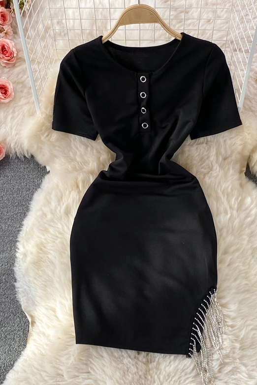 summer New round Neck Slim-Fit Stretch High Waist Short Sleeve Dress for Women Sexy Tassel Skinny Hip Skirt - Image 7