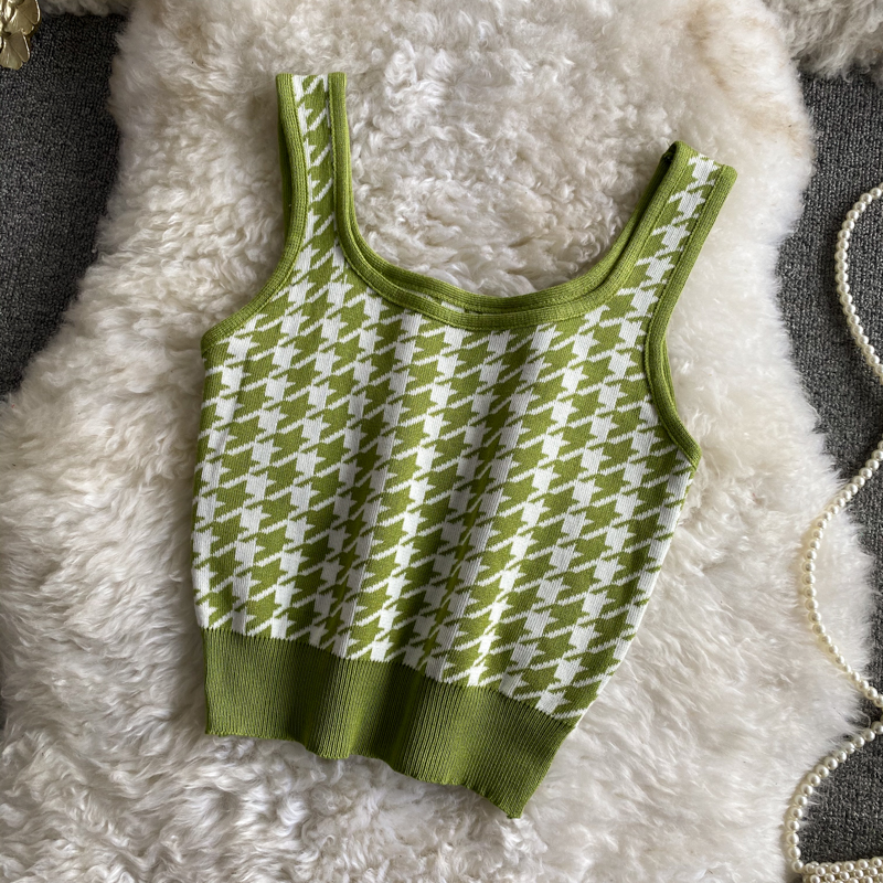 Plaid Knitted Camisole Summer New Retro Slim Stretch Slimming and Short Midriff-Baring Top Women's Clothing - Image 4