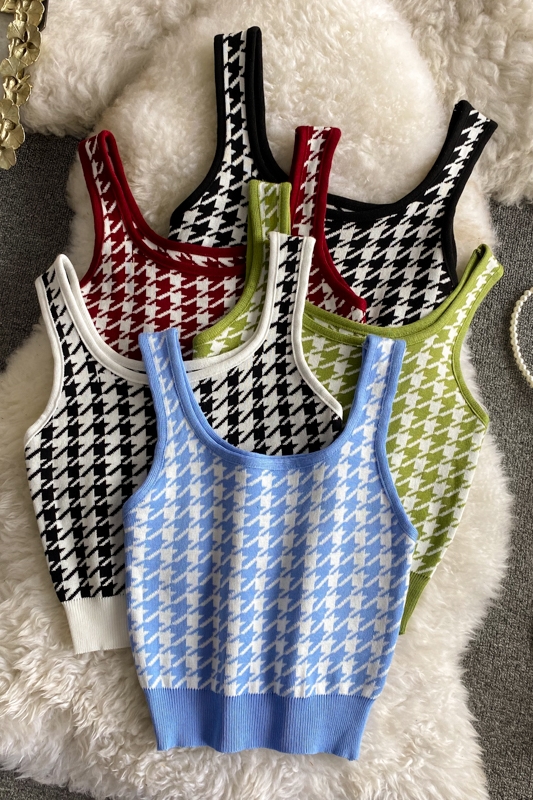 Plaid Knitted Camisole Summer New Retro Slim Stretch Slimming and Short Midriff-Baring Top Women's Clothing - Image 7