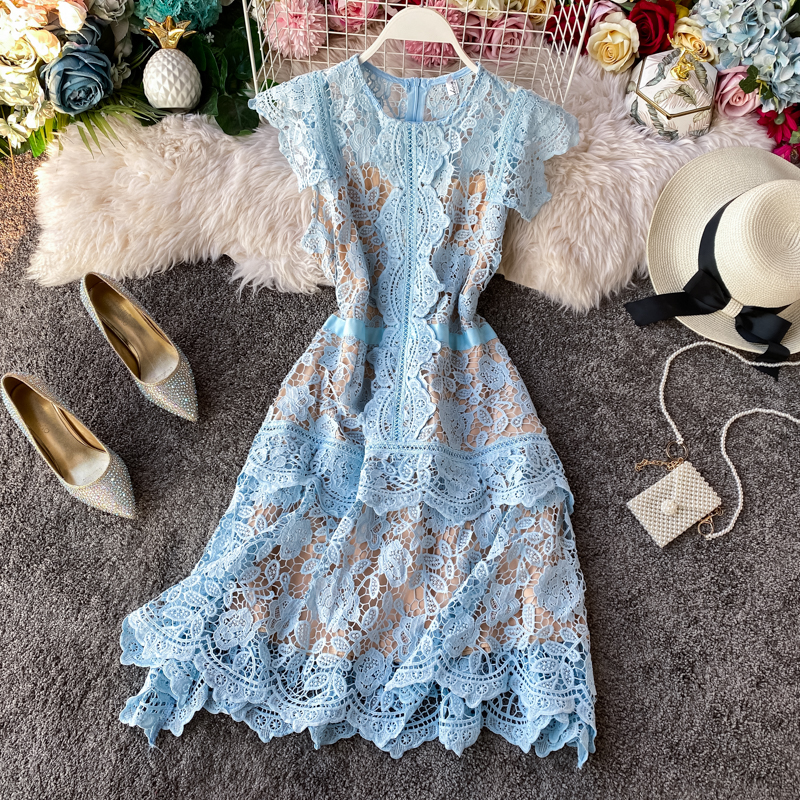 European Goods French Irregular Fairy Dress Fan-Shaped Skirt Flying Sleeves Ruffled Slim-Fit Women's Lace Dress