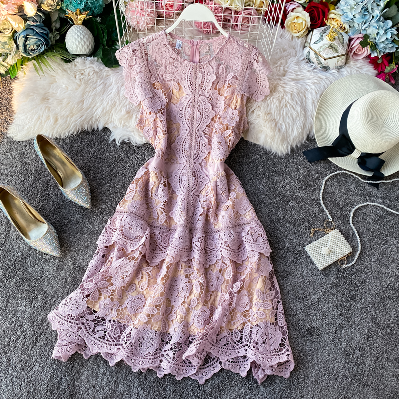 European Goods French Irregular Fairy Dress Fan-Shaped Skirt Flying Sleeves Ruffled Slim-Fit Women's Lace Dress - Image 4