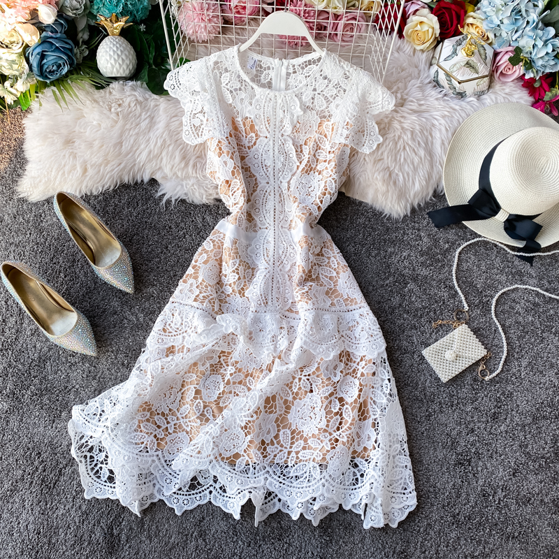 European Goods French Irregular Fairy Dress Fan-Shaped Skirt Flying Sleeves Ruffled Slim-Fit Women's Lace Dress - Image 5