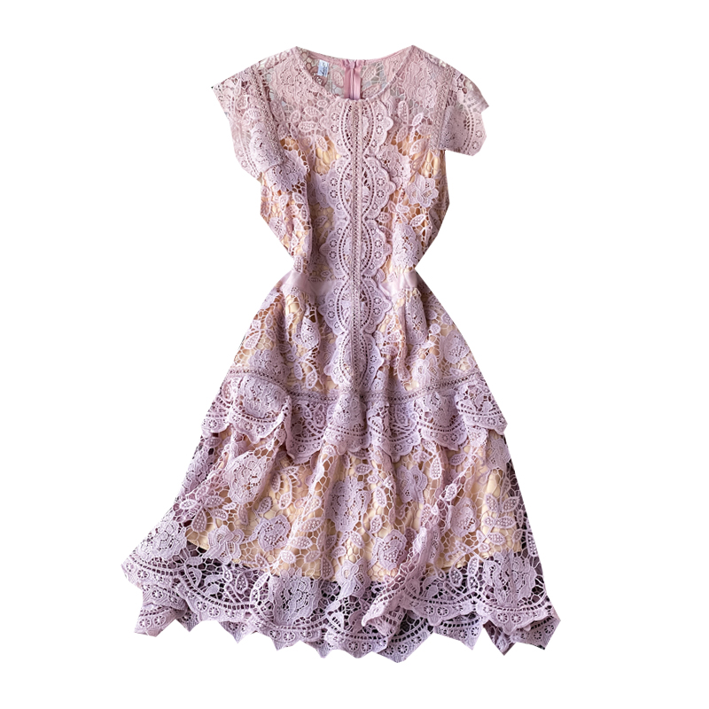 European Goods French Irregular Fairy Dress Fan-Shaped Skirt Flying Sleeves Ruffled Slim-Fit Women's Lace Dress - Image 6
