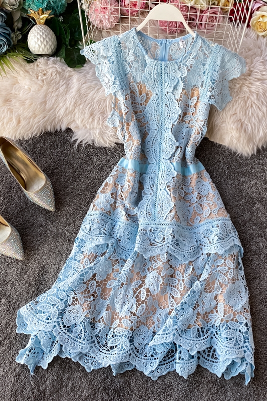 European Goods French Irregular Fairy Dress Fan-Shaped Skirt Flying Sleeves Ruffled Slim-Fit Women's Lace Dress - Image 7